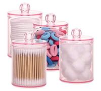 LAIBUY 4 pcs Qtips Holder Bathroom Container, 10 OZ Apothecary Jar, Pink Cotton Ball/Swabs Dispenser Organizer for Storage