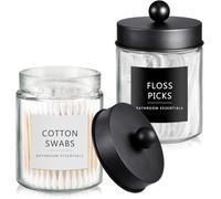 LAIBUY Qtip Dispenser Holder 2pcs, Glass apothecary jars with Stainless Steel Lids &Stickers, Countertop Canister Guest Bathroom Storage Organizer Set for Cotton Swabs/Balls, Floss Picks(Black)