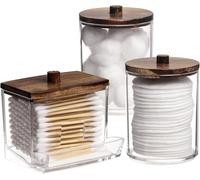 LAIBUY Qtips Holder Bathroom Container, 10/7 OZ Cotton Ball/Swabs Dispenser, Apothecary Jar Organizer for Storage Brown Wood Lids
