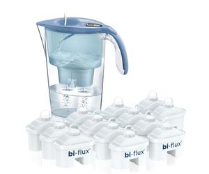 LAICA Stream Line Water Filter Jug & 13 bi-flux Water Filter Cartridges Blue 2.3L - Digital Timer, Easy Fill Design, BPA Free, Dishwasher Safe - Preserves Minerals, Removes Impurities - Made in Italy