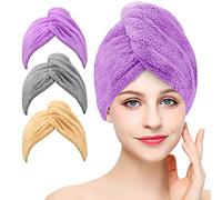 Laicky 3 Pack Microfiber Hair Drying Towel Wrap Super Absorbent Twist Turban Fast Dry Hair Caps with Buttons Bath Loop Fasten Salon Dry Hair Hat (Gray Khaki Purple)