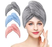 Laicky 3 Pack Microfiber Hair Drying Towel Wrap Super Absorbent Twist Turban Fast Dry Hair Caps with Buttons Bath Loop Fasten Salon Dry Hair Hat (Gray Pink Blue)