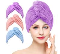 Laicky 3 Pack Microfiber Hair Drying Towel Wrap Super Absorbent Twist Turban Fast Dry Hair Caps with Buttons Bath Loop Fasten Salon Dry Hair Hat (Blue Pink Purple)