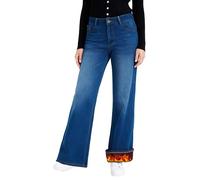LaiEr Fleece Lined Wide Leg Jeans for Women High Waisted Zipper Button Thermal Jeans Thick Ladies Sports Yoga Straight Tube High Elasticity Casual Denim Pants Winter Warm with Pockets(DarkBlueM)
