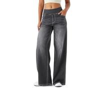 LaiEr Large Denim Wide Leg Pants for Women, High Waisted and Slimming with Multiple Pockets, Straight Tube, Loose fit, Cat Whisker, Marbling wash Craft, High Elasticity Casual Jeans(Medium GreyXS)