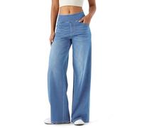 LaiEr Large Denim Wide Leg Pants for Women, High Waisted and Slimming with Multiple Pockets, Straight Tube, Loose fit, Cat Whisker, Marbling wash Craft, High Elasticity Casual Jeans(Light BlueXXL)