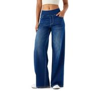 LaiEr Large Denim Wide Leg Pants for Women, High Waisted and Slimming with Multiple Pockets, Straight Tube, Loose fit, Cat Whisker, Marbling wash Craft, High Elasticity Casual Jeans(Dark BlueXXL)