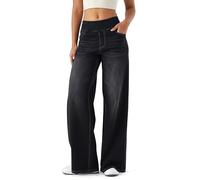 LaiEr Large Denim Wide Leg Pants for Women, High Waisted and Slimming with Multiple Pockets, Straight Tube, Loose fit, Cat Whisker, Marbling wash Craft, High Elasticity Casual Jeans(Dark GreyM)