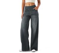 LaiEr Large Denim Wide Leg Pants for Women,High Waisted and Slimming with Multiple Pockets,Straight Tube,Loose fit,Cat Whisker,Marbling wash Craft,High Elasticity Casual Jeans(SeaBlueVintageXS)