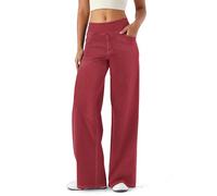 LaiEr Large Denim Wide Leg Pants for Women,High Waisted and Slimming with Multiple Pockets,Straight Tube,Loose fit,Cat Whisker,Marbling wash Craft,High Elasticity Casual Jeans(Red,S)