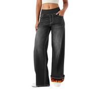 LaiEr Large Fleece Lined Wide Leg Jeans for Women High Waisted Thermal Jeans Thick Ladies Sports Yoga Straight Tube High Elasticity Casual Denim Pants Winter Warm with Pockets(DarkGreyL)