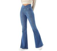 LaiEr Women Bootcut Jeans V Crossover High Waist Pull on Tummy Control Casual Fitness Skinny Yoga Pants,Denim Highly Elasticity Soft Fabric,Flared Fitness Trousers with Side Pockets(Medium Blues)