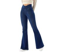 LaiEr Women Bootcut Jeans V Crossover High Waist Pull on Tummy Control Casual Fitness Skinny Yoga Pants,Denim Highly Elasticity Soft Fabric,Flared Fitness Trousers with Side Pockets(Dark Blues)
