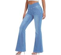 LaiEr Women Bootcut Jeans V Crossover High Waist Pull on Tummy Control Casual Skinny Yoga Pants,Highly Elasticity Soft Denim Pants,Cat Whisker Effect Flared Fitness Trousers(LightBlue S)