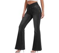 LaiEr Women Bootcut Jeans V Crossover High Waist Pull on Tummy Control Casual Skinny Yoga Pants,Highly Elasticity Soft Denim Pants,Cat Whisker Effect Flared Fitness Trousers(Darkgrey L)