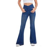 LaiEr Women Bootcut Jeans V Crossover High Waist Pull on Tummy Control Casual Skinny Yoga Pants,Marbling wash Craft Highly Elasticity Soft Denim Pants,Cat Whisker Effect Flared Fitness Trousers