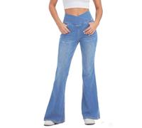 LaiEr Women Bootcut Jeans V Crossover High Waist Pull on Tummy Control Casual Skinny Yoga Pants,Marbling wash Craft Highly Elasticity Soft Denim Pants,Cat Whisker Effect Flared Fitness Trousers