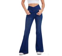 LaiEr Women Bootcut Jeans V Crossover High Waist Pull on Tummy Control Casual Skinny Yoga Pants,Marbling wash Craft Highly Elasticity Soft Denim Pants,Cat Whisker Effect Flared Fitness Trousers