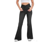 LaiEr Women Bootcut Jeans V Crossover High Waist Pull on Tummy Control Casual Skinny Yoga Pants,Marbling wash Craft Highly Elasticity Soft Denim Pants,Cat Whisker Effect Flared Fitness Trousers