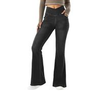 LaiEr Women V Crossover High Waist Tummy Control Casual Fitness Skinny Yoga Pants, Faux Denim Print Women's Bootcut Yoga Pants, Flared Fitness Trousers with Side Pockets(BlackM)