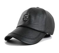 LAIFEKE Fashion Emblem Autumn Winter PU Leather Men's Baseball Cap Waterproof Windproof Outdoor Sports Hat with Earflaps (Black)