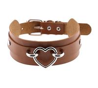 LAIFEKE Fashion Gold Silver Metal Heart Choker PU Leather Necklace Neck Strap Nightclub Neck Accessories (Silver Heart-Light brown)