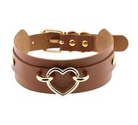 LAIFEKE Fashion Gold Silver Metal Heart Choker PU Leather Necklace Neck Strap Nightclub Neck Accessories (Gold Heart-Light brown)