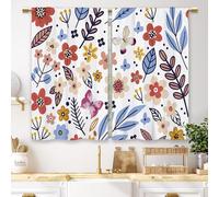 Laifzere Colorful 70s Flower Plants Kitchen Curtains Multi Colored Floral Small Short Cafe Window Curtains Spring Cute Watercolor Floral Bathroom Drapes Treatment Tier Curtains 2 Panels (27.5x39 Inch)