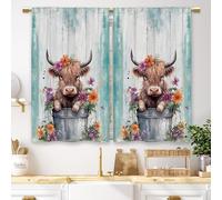 Laifzere Cute Baby Highland Cow Kitchen Curtains Farmhouse Teal Wooden Small Short Cafe Window Curtains Rustic Animal Rod Pocket Bathroom Window Drapes Treatment Tier Curtains 2 Panels (27.5x39 Inch)
