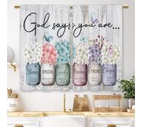 Laifzere Farmhouse Floral Inspirational Bible Kitchen Curtains Flower God Says You are Small Short Cafe Window Curtains Mason Jar Christian Bathroom Drapes Treatment Tier Curtains (26x36 Inch)