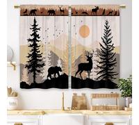 Laifzere Farmhouse Forest Cabin Kitchen Curtains Rustic Wooden Small Short Cafe Window Curtains Tree Country Deer Bear Rod Pocket Bathroom Window Drapes Treatment Tier Curtains 2 Panels (26x24 Inch)