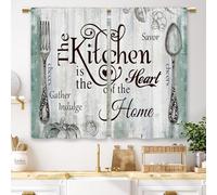 Laifzere Rustic Teal Wood Curtains for Kitchen Small Wooden Short Curtains for Coffee Window Vintage Fork Spoon Rod Pocket Bathroom Living Room