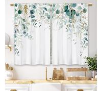 Laifzere Sage Mint Green Gold Eucalyptus Kitchen Curtains Botanical Leaves Small Short Cafe Window Curtains Watercolor Plant Floral Bathroom Drapes Treatment Tier Curtains 2 Panels (27.5x39 Inch)