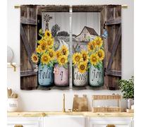 Laifzere Sunflower Vintage Farmhouse Kitchen Curtains Country Barn Door Small Short Cafe Window Curtains Wooden Butterfly Rod Pocket Bathroom Drapes Treatment Tier Curtains 2 Panels (27.5x39 Inch)