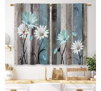 Laifzere Teal Farmhouse Daisy Kitchen Curtains Wooden Flower Small Short Cafe Window Curtains Rustic Floral Butterfly Country Bathroom Window Drapes Treatment Tier Curtains 2 Panels (26x36 Inch)
