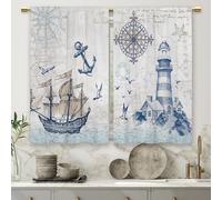 Laifzere Vintage Kitchen Curtains Short Curtains with Rod Pocket for Bathroom, Multi-Tier, Sailboat, Lighthouse, Compass, Anchor, Sea, Ocean, 27.5 x 39 inch, Set of 2