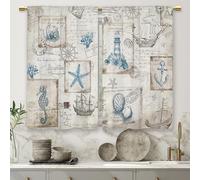 Laifzere Vintage Nautical Coastal Kitchen Curtains Sailboat Compass Starfish Seashell Beach Ocean Small Short Bathroom Ornaments 2 Panels (70x99cm)
