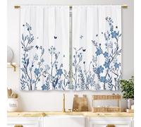 Laifzere Watercolor Blue Flower Kitchen Curtains Floral Plant Small Short Cafe Window Curtains Botanical Leaves Rod Pocket Bathroom Window Drapes Treatment Tier Curtains 2 Panels (27.5x39 Inch)