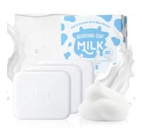 LAIKOU Milk Nourishing Soap Bar, 3 x 110g Handcrafted Soap with Shea Butter & Coconut Oil for Soft, Smooth Skin, Hydrating & Gentle Cleansing Bar, Bath Care for Men & Women, With Foaming Net