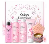 LAIKOU Sakura Hair Care Set, 6PCS Unique Self Care Package, Shampoo, Conditioner, Hair Mask, Argan Oil Serum, Scalp Brush & Scented Candle, Christmas Birthday Pamper Gifts for Women Teenage Girl