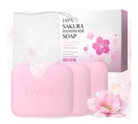 LAIKOU Sakura Handmade Soap Bar, 3 x 110g Soap with Niacinamide & Vitamin C for Soft, Radiant Skin, Face Skincare for Moisturising & Gentle Cleansing, Luxury Facial & Body Soap, With Foaming Net