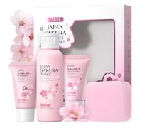 LAIKOU Sakura Skincare Set, Daily Radiance Routine with Handmade Soap, Toner, Essence Cream & SPF50 Sunscreen, Pamper Travel Gift for Women Teenage Girls Mom Daughter, TSA-friendly Sizes 4PCS