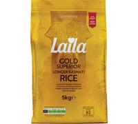 Laila Gold Superior Longer Basmati Rice 5Kg. Extra Long Basmati Rice with Delicate Aroma and Authentic Taste.