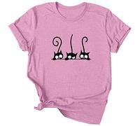 Lailezou Women's Three Cats Pattern Solid Color Printing O-Neck Simple T-Shirt Summer Casual Basic Short-Sleeved top - pink - Medium