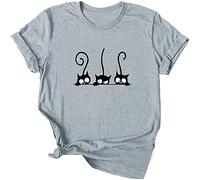 Lailezou Women's Three Cats Pattern Solid Color Printing O-Neck Simple T-Shirt Summer Casual Basic Short-Sleeved top - grey - XX-Large