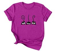 Lailezou Women's Three Cats Pattern Solid Color Printing O-Neck Simple T-Shirt Summer Casual Basic Short-Sleeved top - purple - Medium