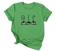 Lailezou Women's Three Cats Pattern Solid Color Printing O-Neck Simple T-Shirt Summer Casual Basic Short-Sleeved top - green - Small