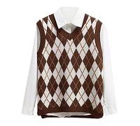 Lailezou Women's V Neck Knit Sweater Vest Argyle Plaid Preppy Style Sleeveless Crop Knitwear Jumper Tank, Brown, X-Large