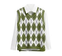 Lailezou Women's V Neck Knit Sweater Vest Argyle Plaid Preppy Style Sleeveless Crop Knitwear Tank, Army Green, M