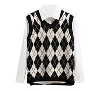 Lailezou Women's V Neck Knit Sweater Vest Argyle Plaid Preppy Style Sleeveless Crop Knitwear Tank - black - Small